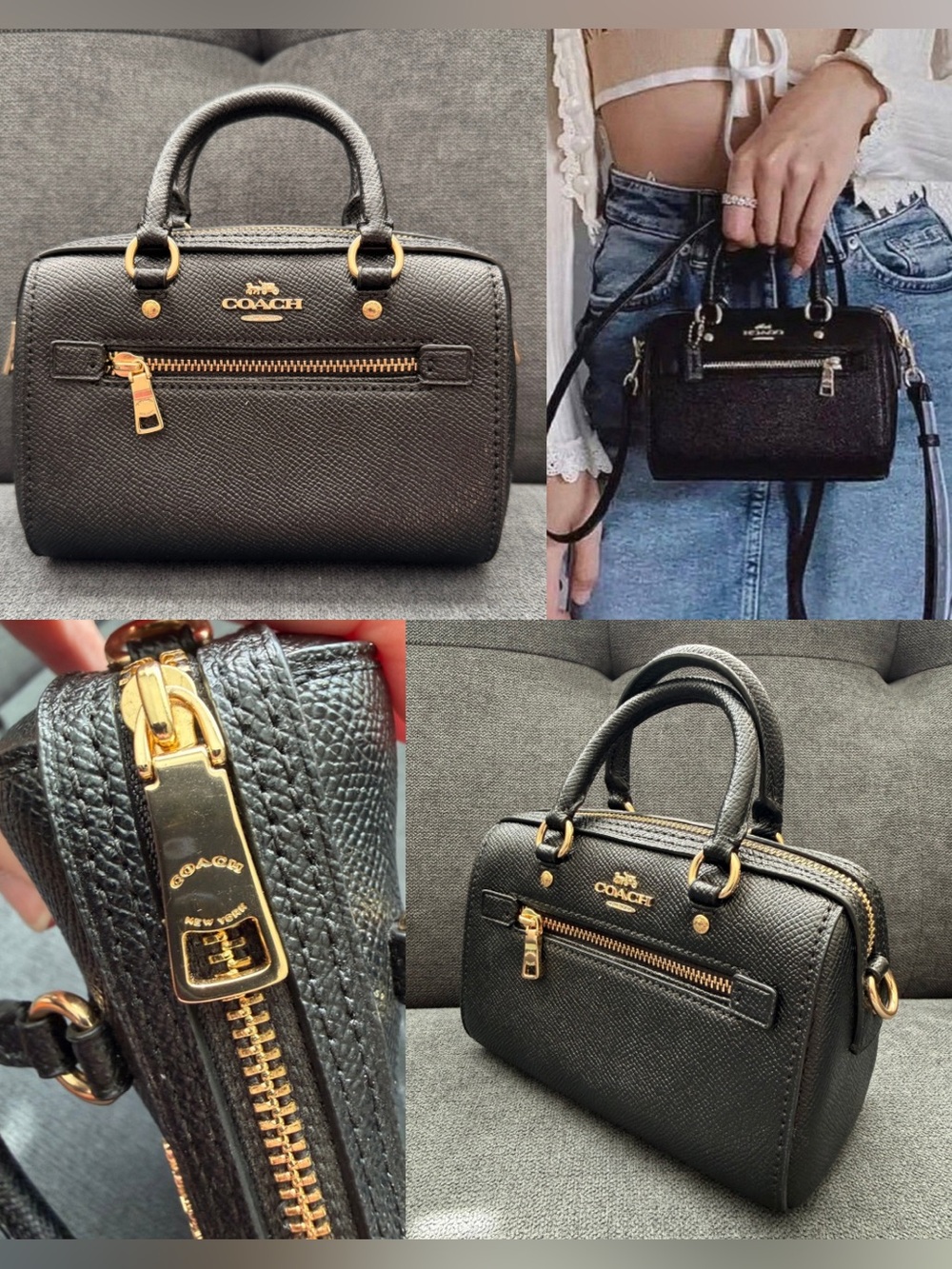Coach Micro Rowan Satchel Crossbody Bag Black Crossgrain Leather Gold Hardware